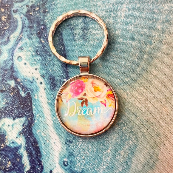 🔴 3 for $15 Dream NWT Purple Pink Blue Cabochon Keychain Stainless Steel Ring - Picture 2 of 2